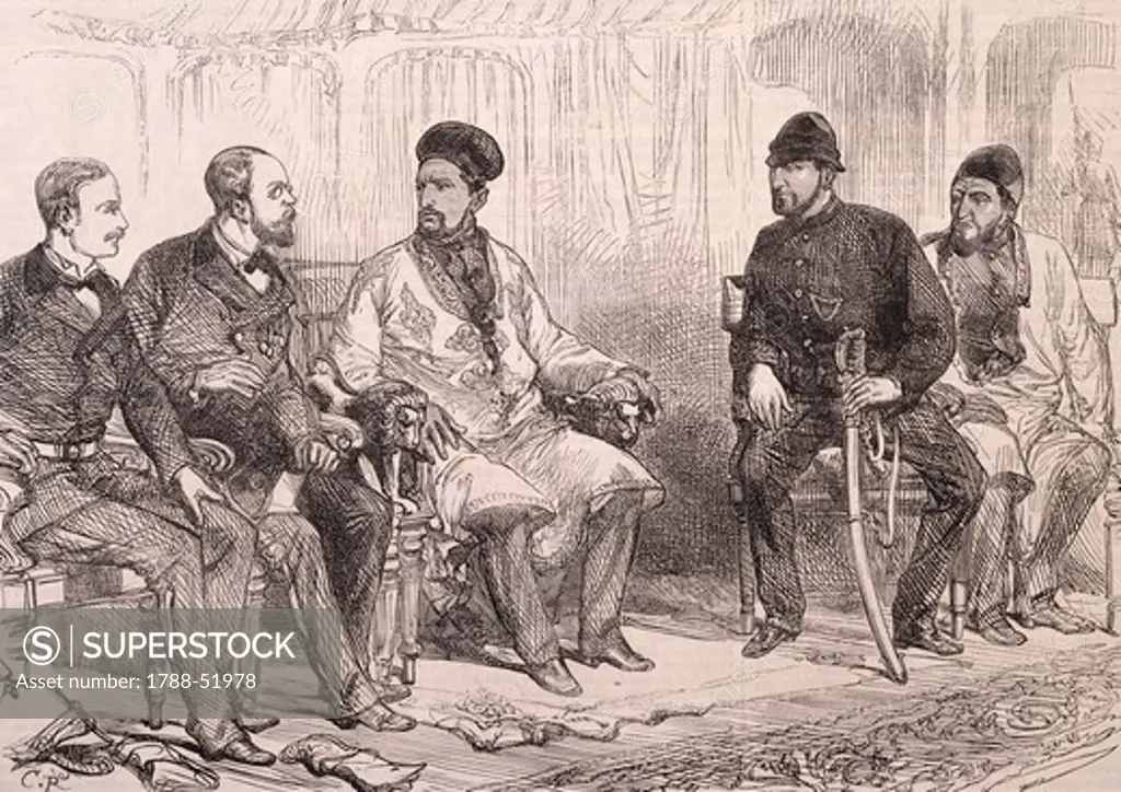 Yaghub Khan and Major Cavagnari, center, during the negotiations for the Treaty of Gandamak, May 25, 1879, print. Second Anglo-Afghan War, Afghanistan, 19th century.