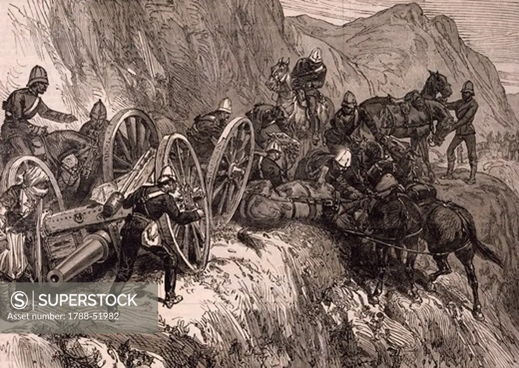The English artillery during a difficult crossing in the mountains between Kabul and Kandahar, 1879, engraving. Second Anglo-Afghan War, Afghanistan, 19th century.