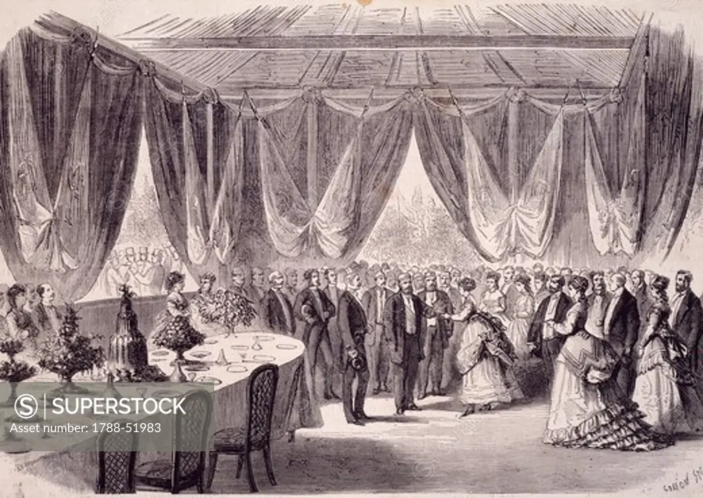 The reception ceremony at Ismailia in honor of the viceroy of Egypt to mark the opening of the Suez Canal, 1869, release. Egypt, 19th century.