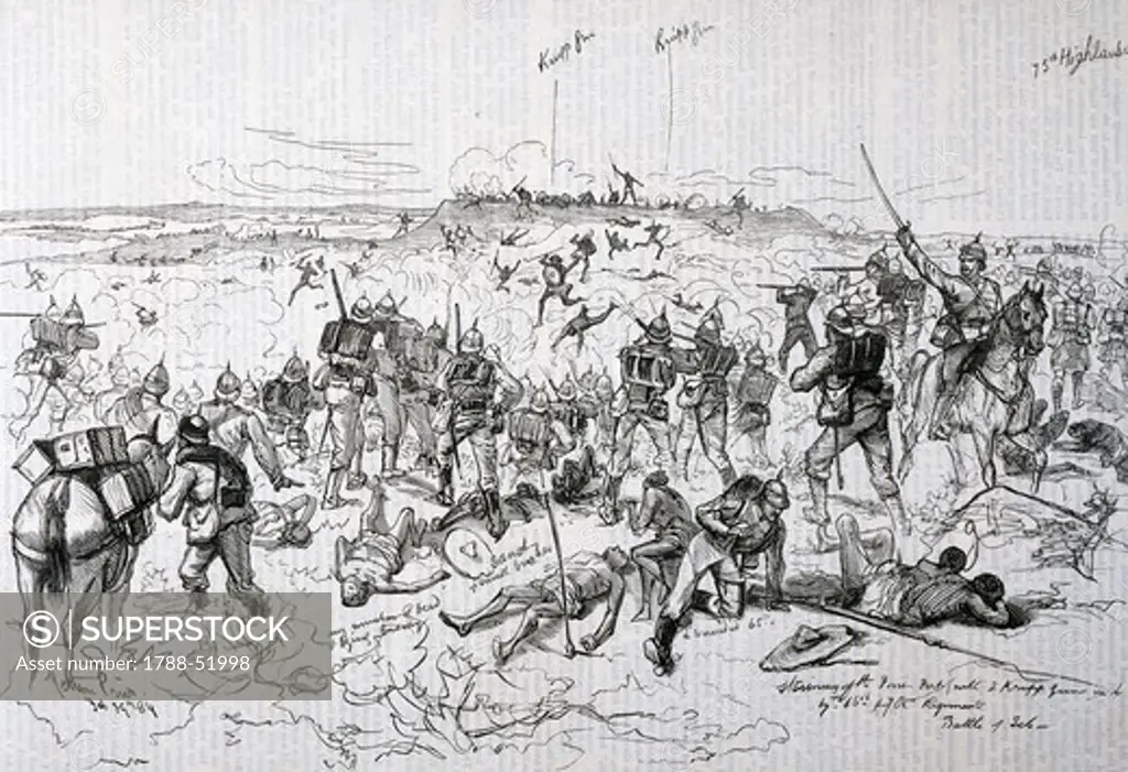The battle of El Teb, February 1884, drawing by Price from The Illustrated London News. Colonial wars, Sudan, 19th century.