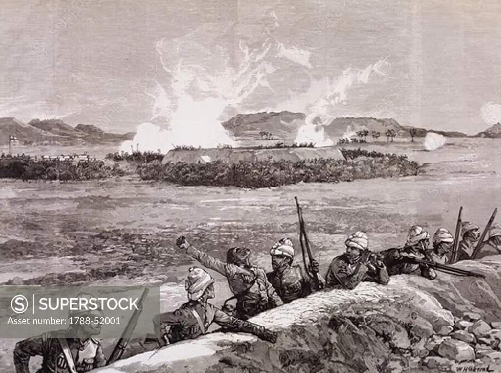 British troops withdrawing from Metemmeh Korti, March 1885, print taken from The Illustrated London News. Colonial wars, Sudan, 19th century.
