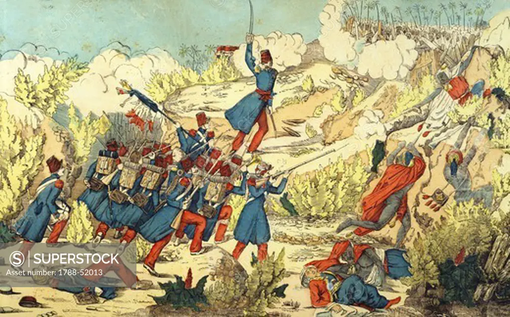 French troops crossing Teniah hill in May 1840 during the campaign against Abd el-Kader. Algeria, 19th century.