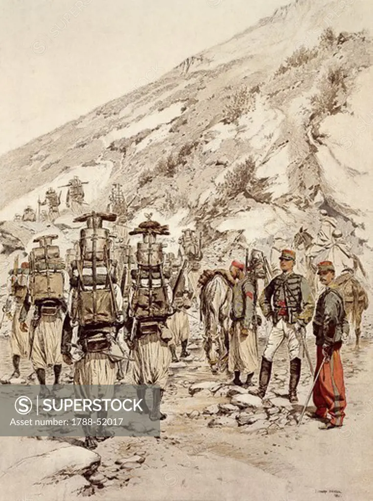 French troops on the march, 1886, by Jean Baptiste Edouard Detaille (1848-1912), engraving. Colonial wars, Algeria, 19th century.