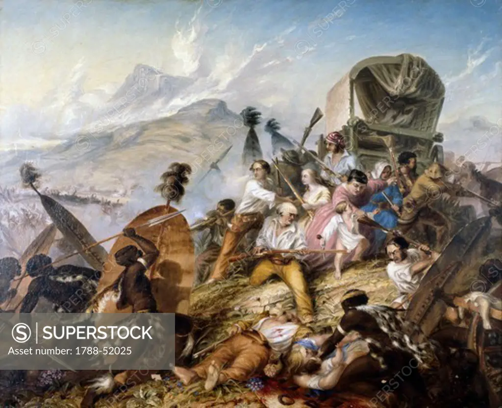 The Zulu natives attacking a Boer caravan at Blauwkrantz, February 6, 1838, by Thomas Baines (1820-1875), oil on canvas. South Africa, 19th century.
