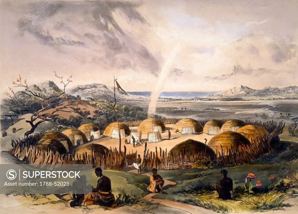 Zulu Kraal near Umlazi in Natal, by George French Angas (1822-1886), lithograph. South Africa, 19th century.