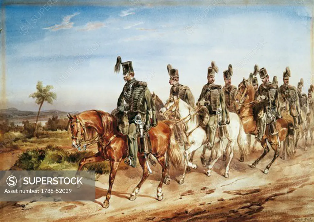 British Fusiliers on patrol on horseback, by Orlando Norie (1832-1901), watercolour. Anglo-Boer wars, South Africa, 19th-20th century.