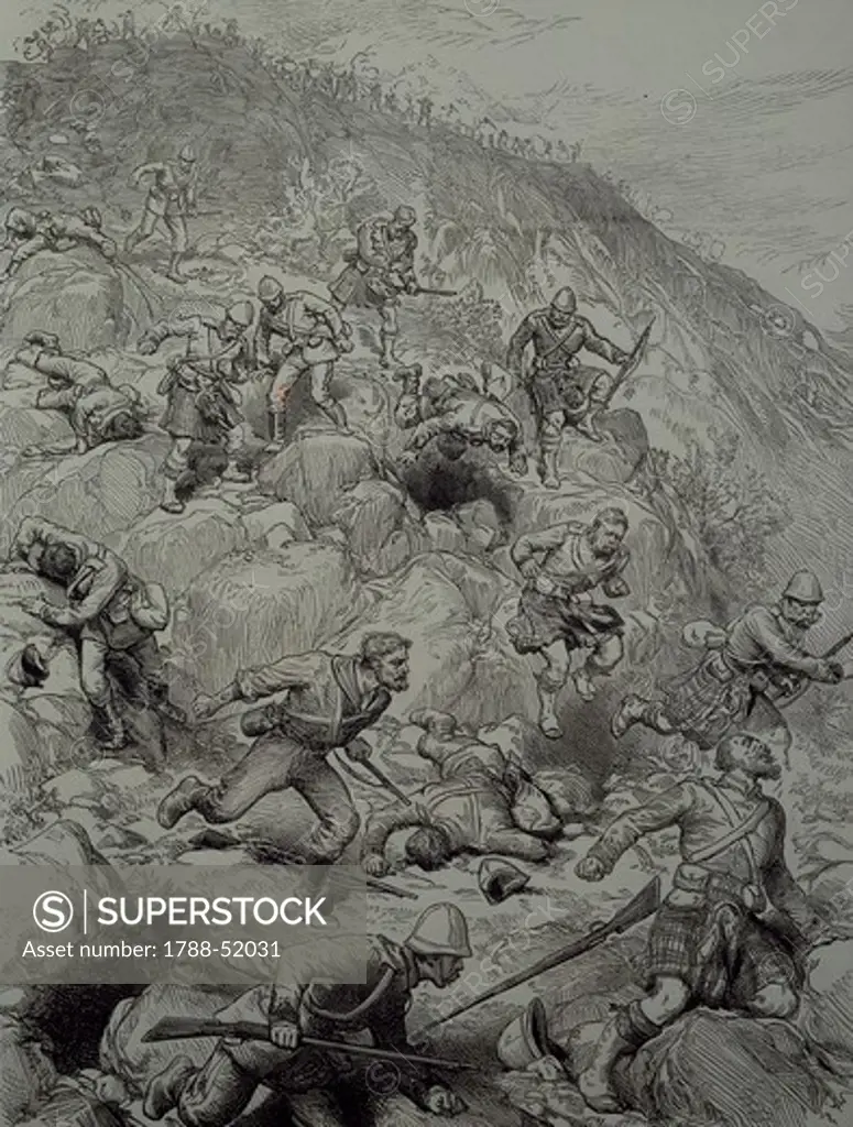 British troops routed at the Battle of Majuba Hill, February 27, 1891, engraving. First Boer War, South Africa, 19th century.