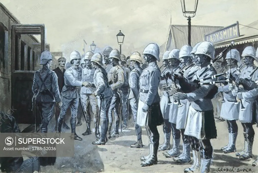 Sir George White's departure from Ladysmith, 1900, by George Soper (1870-1942), drawing. Second Anglo-Boer, South African, 20th century.