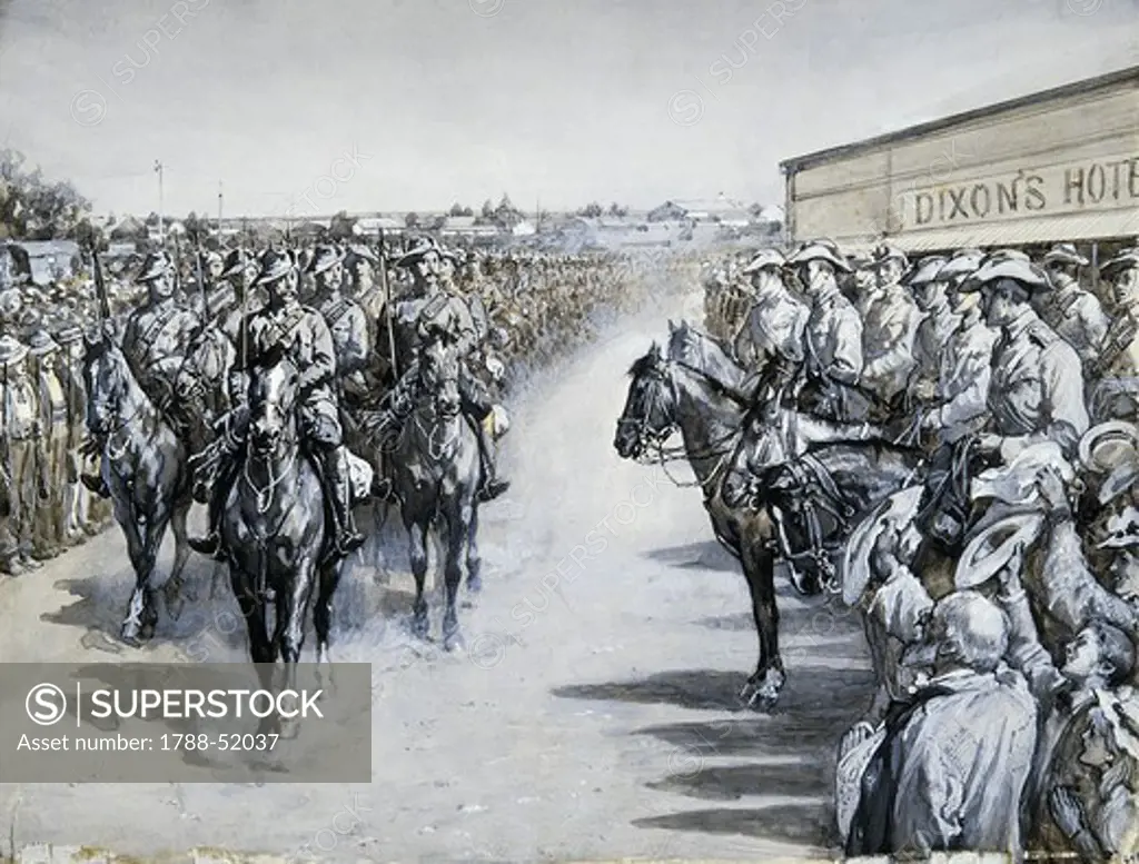 British troops entering Mafeking, 1899-1900, Small design. Second Boer War, South Africa, 19th-20th century.