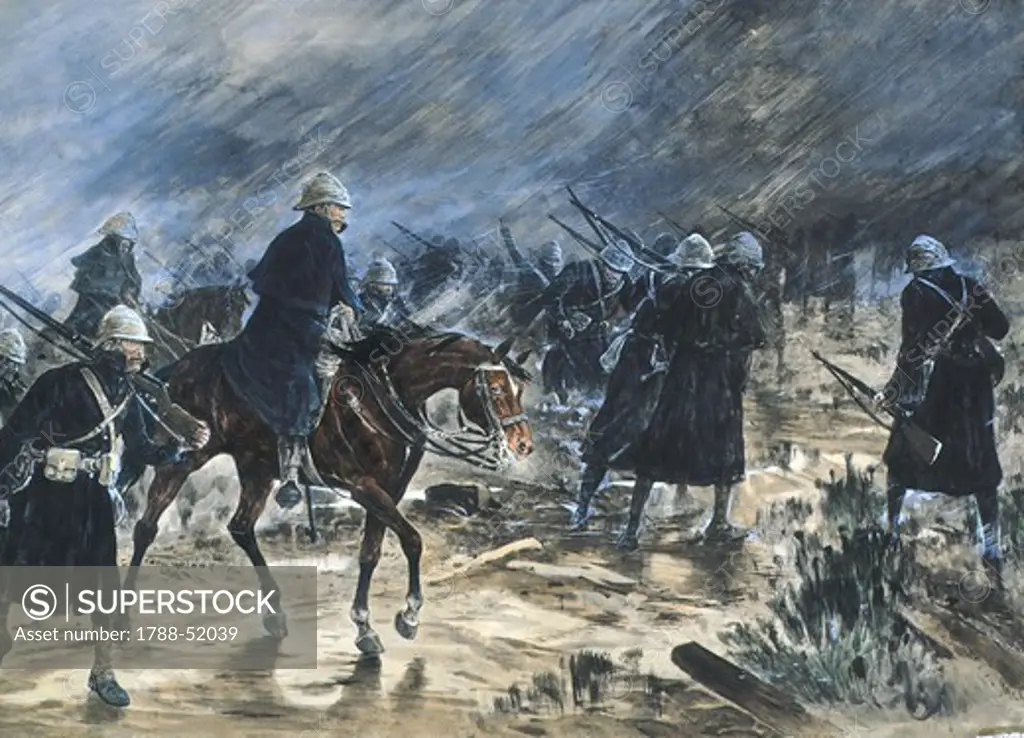 The British entering Bloemfontein, 1900, by Frank Feller (1848-1908), watercolour. Second Anglo-Boer, South African, 20th century.