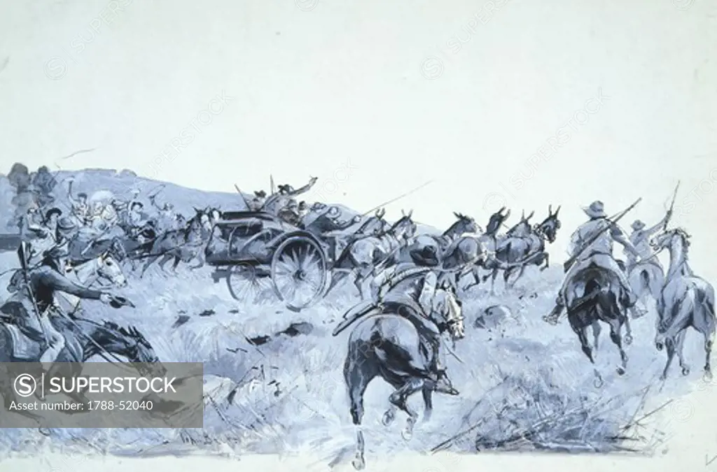 A Boer convoy retreating towards Transvaal, 1900, by John Beer (active 1895-1915), drawing. Second Anglo-Boer, South African, 20th century.