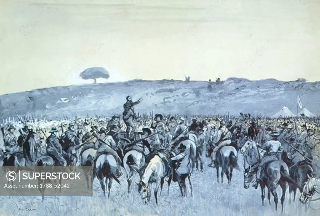 The Boer General De Weet with his command, 1900, by John Beer (active 1895-1915), drawing. Second Anglo-Boer, South African, 20th century.