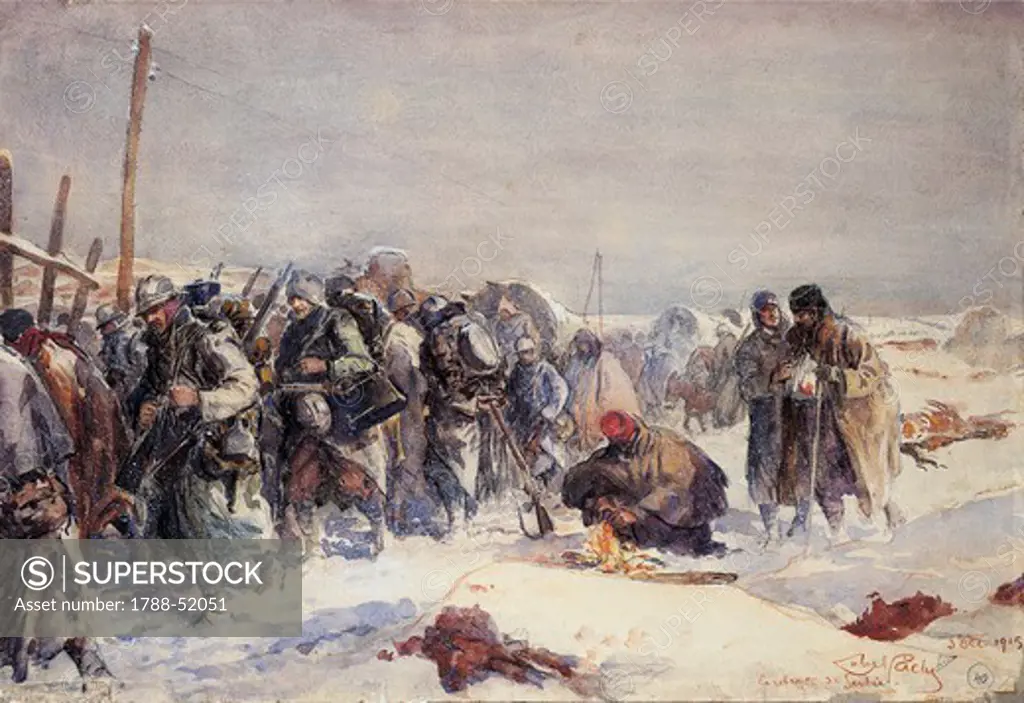 The Austro-Hungarian army withdrawing from the Serbian front, December 3, 1915, by Almery Lobel-Riche (1880-1950), watercolour. World War I, Serbia, 20th century.