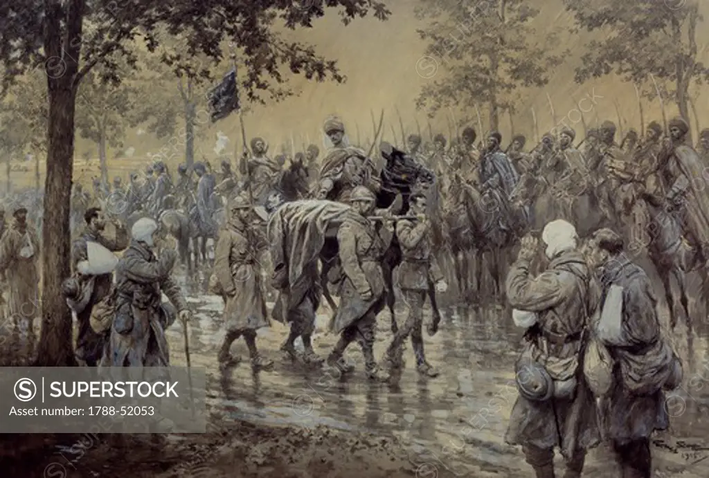 General Marchand wounded and being carried to the rear while Colonel Tinan and the II Spahis regiment give him military honors. World War I, France, 20th century.
