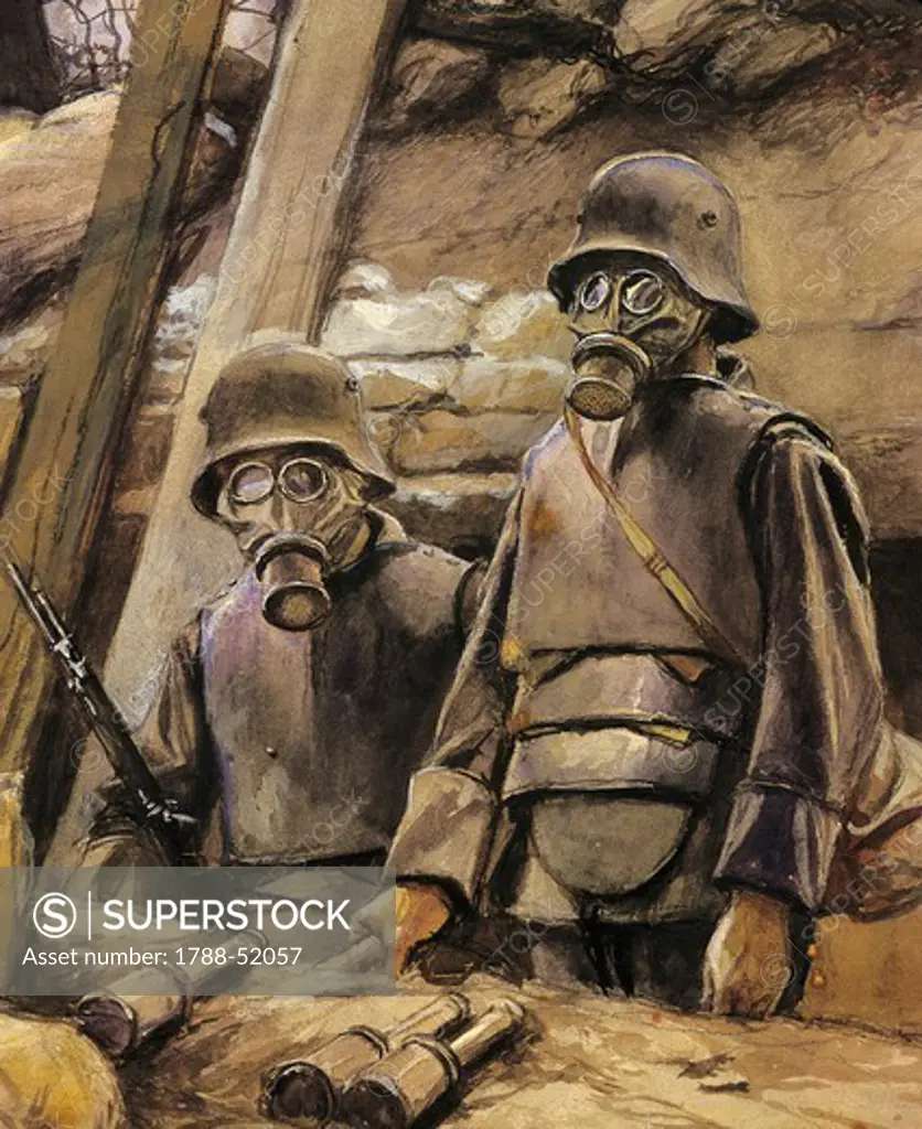 German soldiers with gas masks, August 1917. World War I, 20th century.