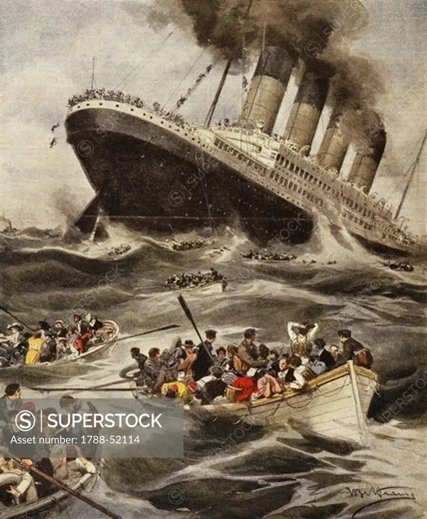 Battle of the Atlantic, sinking of the Lusitania, illustration from La Domenica del Corriere, June 7, 1915. World War I, Ireland, 20th century.