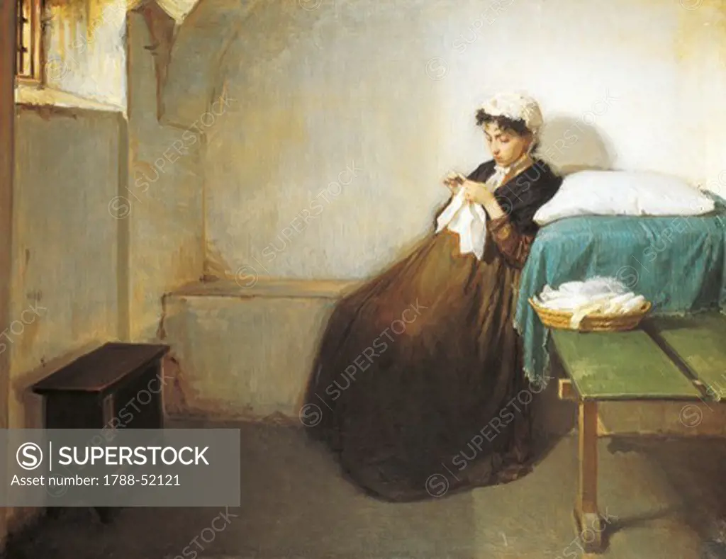 Luisa Sanfelice in prison, 1874, by Gioacchino Toma (1836-1891), oil on canvas, 63x79 cm. Bourbon restoration, Italy, 19th century.