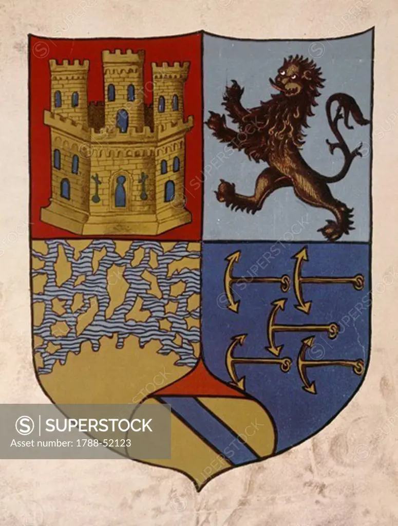 Christopher Columbus' coat of arms, drawing from the Code of the privileges granted to the admiral by the Spanish royal. Heraldry, Spain, 15th century.