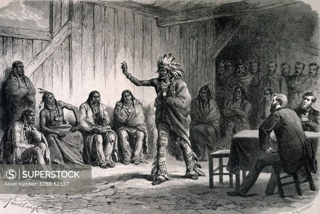 Grand council of Native Americans. Native American Civilization, United States, 19th century.