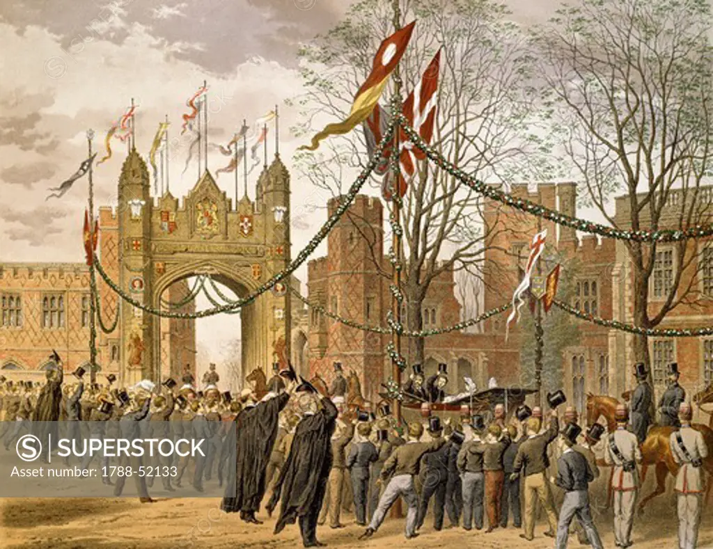 Prince of Wales and Alexandra of Denmark's wedding, 1863, the procession passing Eton College. Victorian age, England, 19th century.