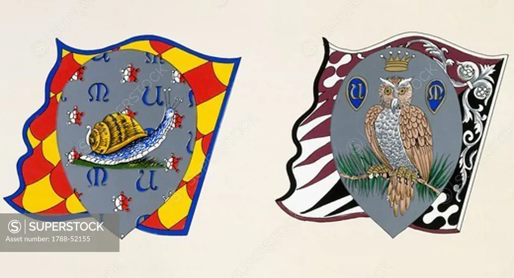 Coats of arms for the Palio of Siena for the Chiocciola (Snail) nobile (noble) contrade and Civetta (Little Owl) nobile (noble) contrade. Heraldry, Italy.