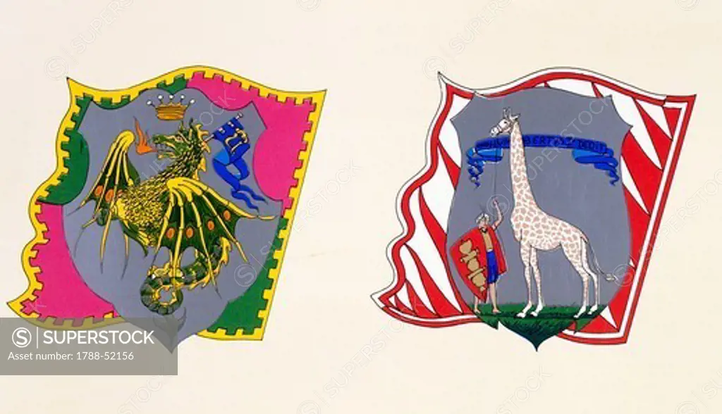 Coats of arms for the Palio of Siena for the Drago (Dragon) nobile (noble) contrade and Giraffa (Giraffe) nobile (noble) contrade. Heraldry, Italy.