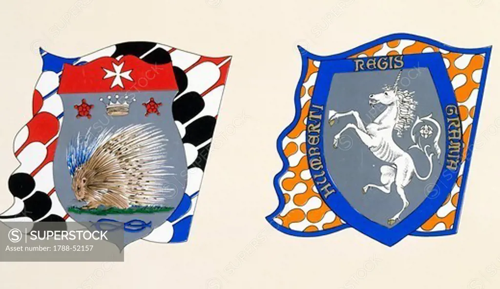 Coats of arms for the Palio of Siena for the Istrice (Crested Porcupine) soverign contrada and Leocorno (Unicorn) nobile (noble) contrade. Heraldry, Italy.