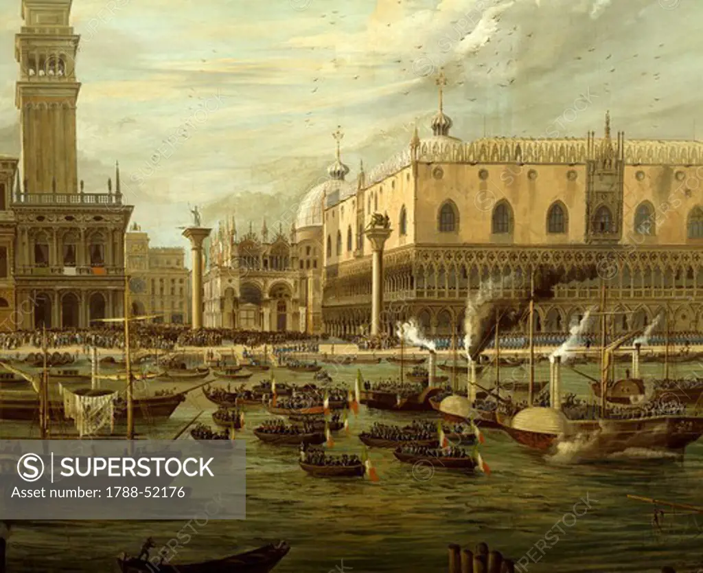 French arrival in Venice, 1848, watercolour. First War of Independence, Italy, 19th century.