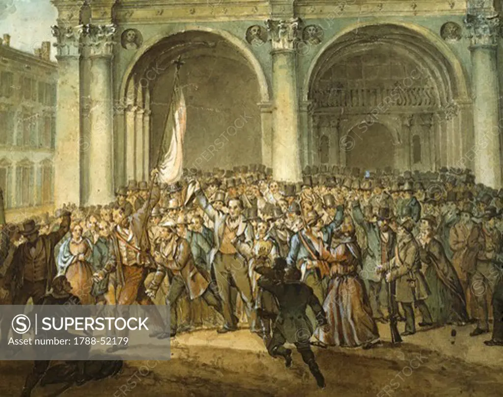 People of Brescia proclaiming Ten Days' insurrection, March 23, 1849. First War of Independence, Italy, 19th century.