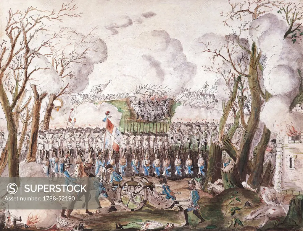 The Paris battalion of hunters, during the Battle of Jemappes, November 6, 1792, watercolour. French Revolution, France and Belgium, 18th century.