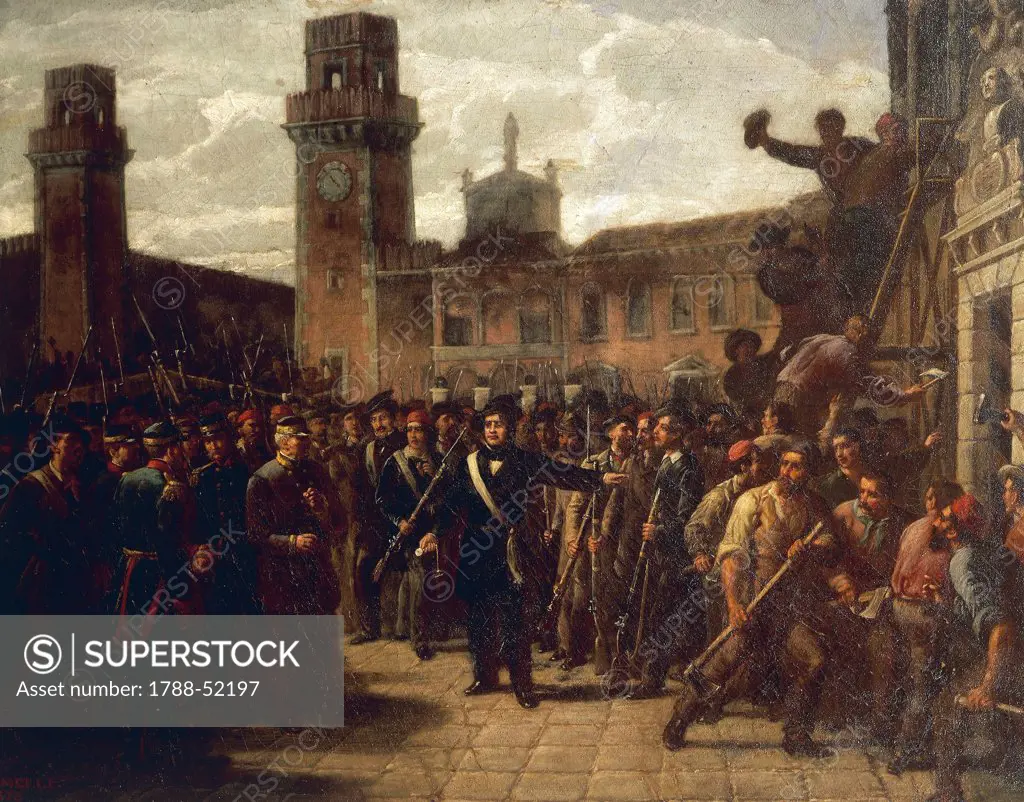 Daniele Manin and the insurgents capture the Arsenal, March 22, 1848, by Vincenzo Giacomelli (1841-1890). First War of Independence, Italy, 19th century.