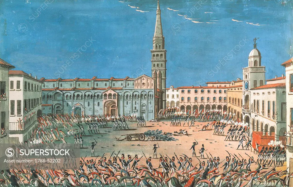 Revolt, Piazza Maggiore, Modena, 1799. Napoleonic era, Italy, 18th century.