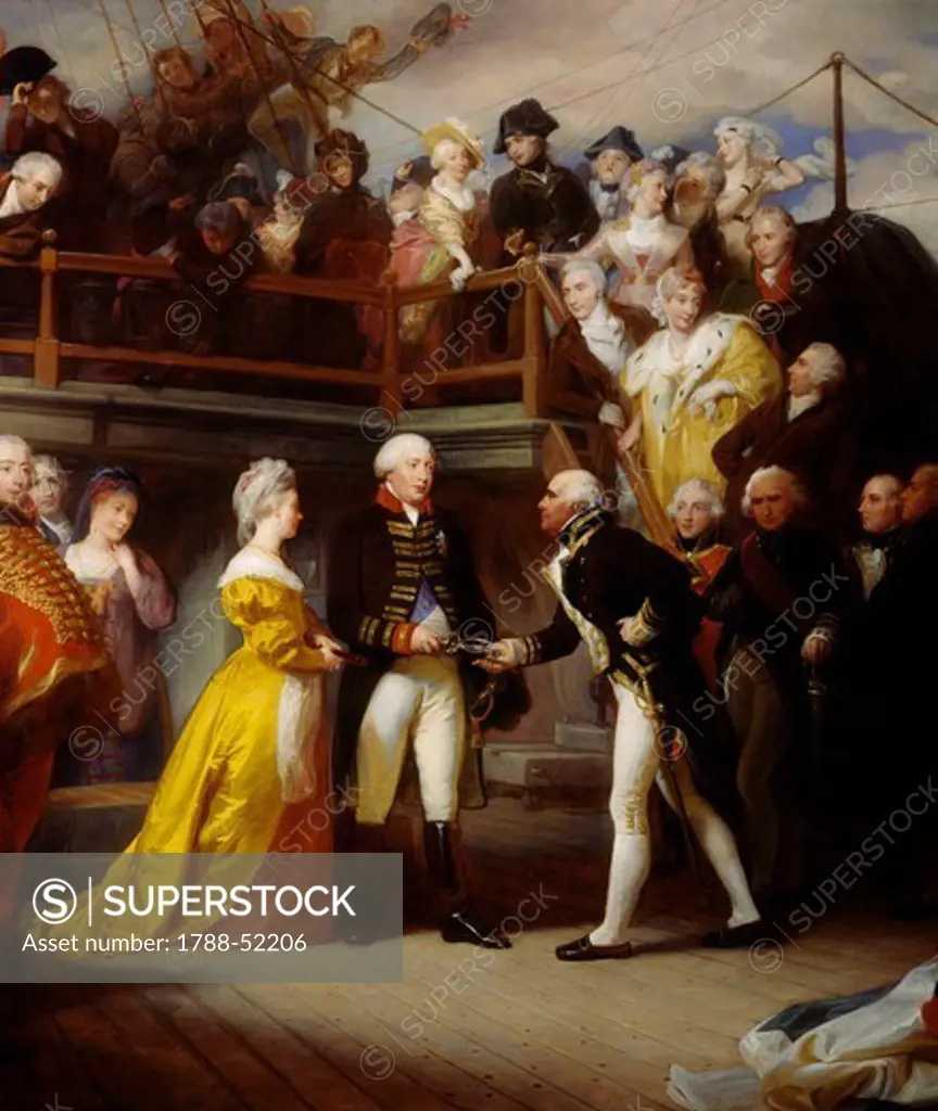 George III visiting Admiral Howe's ship, the Queen Charlotte, June 26, 1794, painting by Henry Perronet Briggs (1791 to 1793-1844), 1828, oil on canvas, 162.5x255.5 cm. England, 18th century.