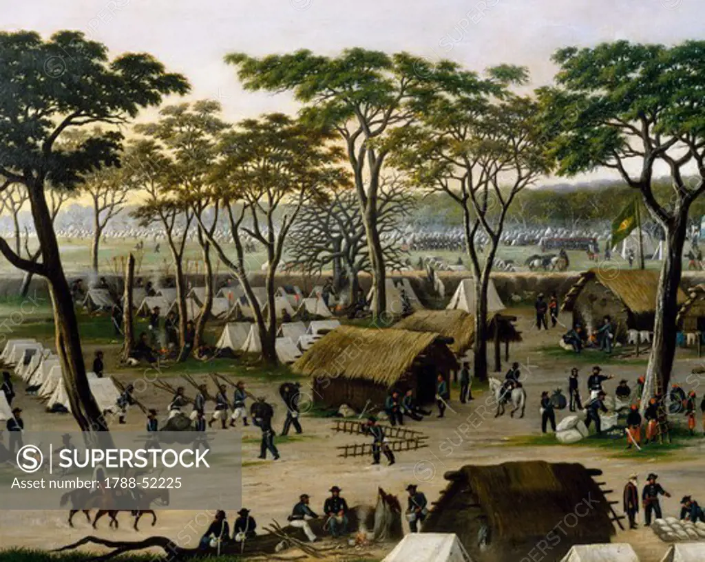 Establishing an Argentine military camp along the River Parana, 19th century, by Candido Lopez (1840-1902). Detail. War of the Triple Alliance, 19th century.