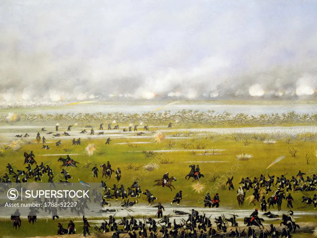 Column of Argentine forces, led by General Emilio Mitre, launching an attack in Curupayty, September 22, 1866, by Candido Lopez (1840-1902). War of the Triple Alliance, Paraguay 19th century.
