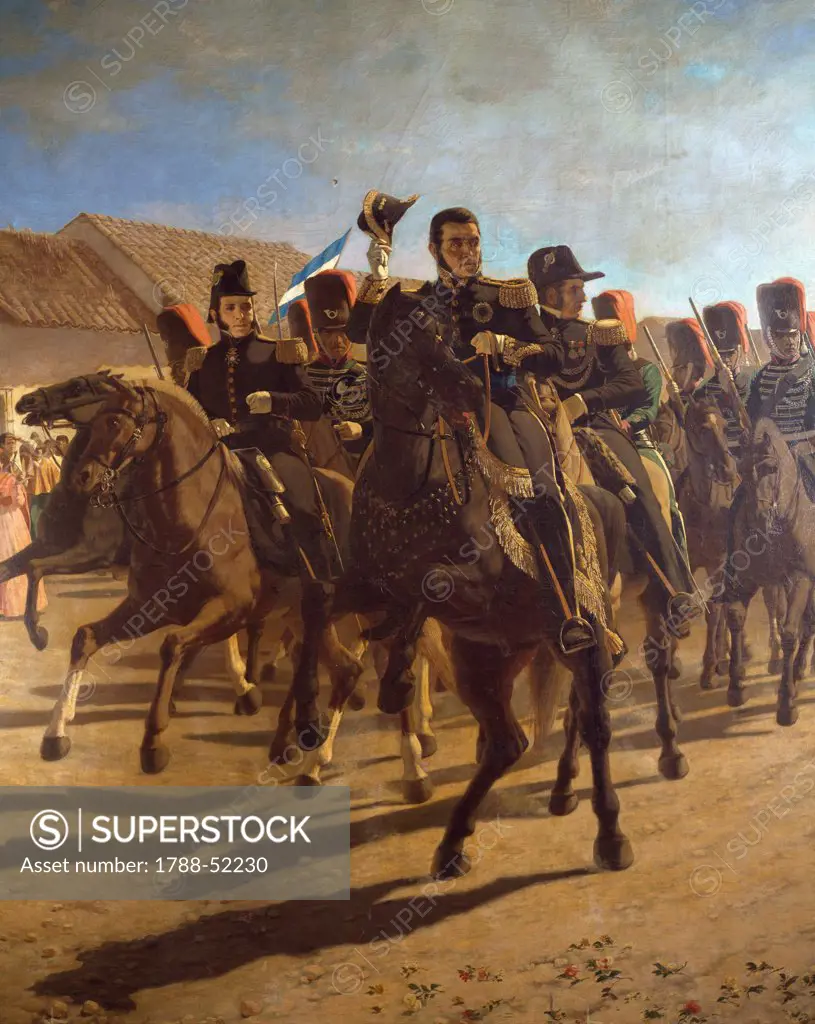 Argentine General Jose de San Martin (1778-1850) with his staff inspecting troops at Rancagua, 1820, painting by Juan Blanes. Argentina, 19th century.