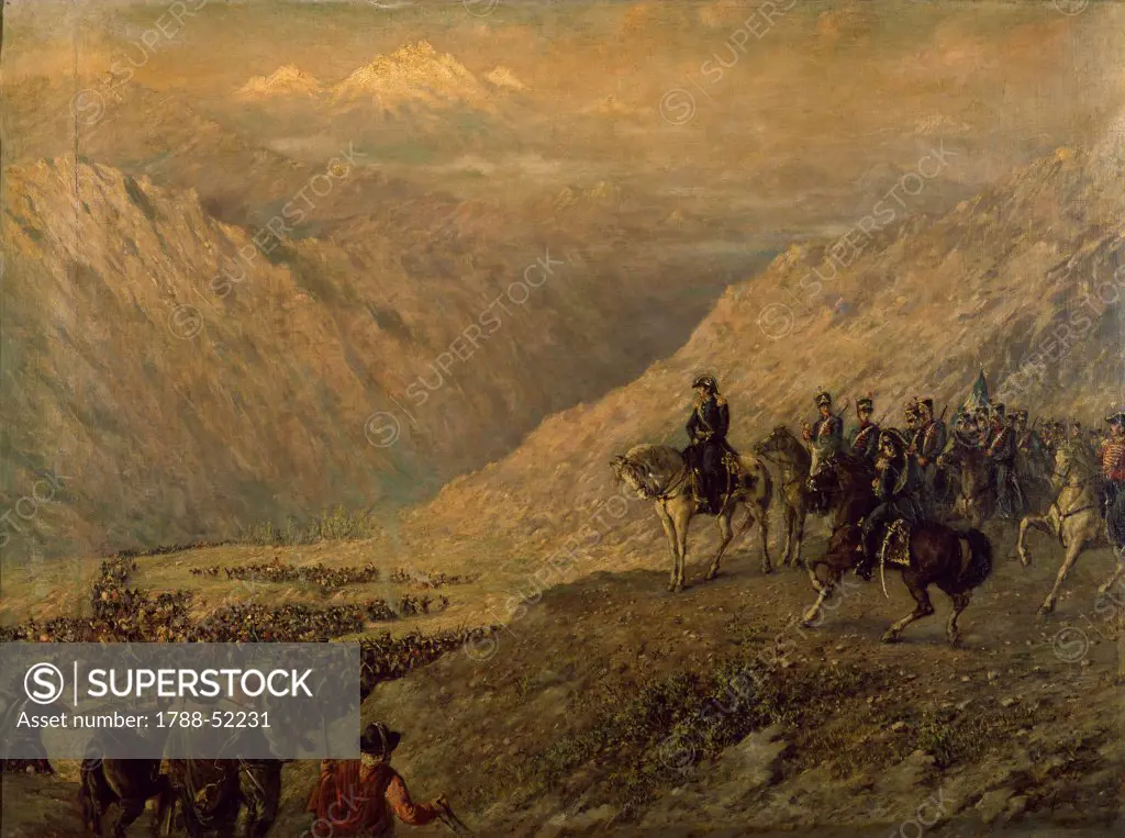 Argentine General Jose de San Martin crossing the Andes with his army, 1817, painting by Ballerini. Argentina, 19th century.