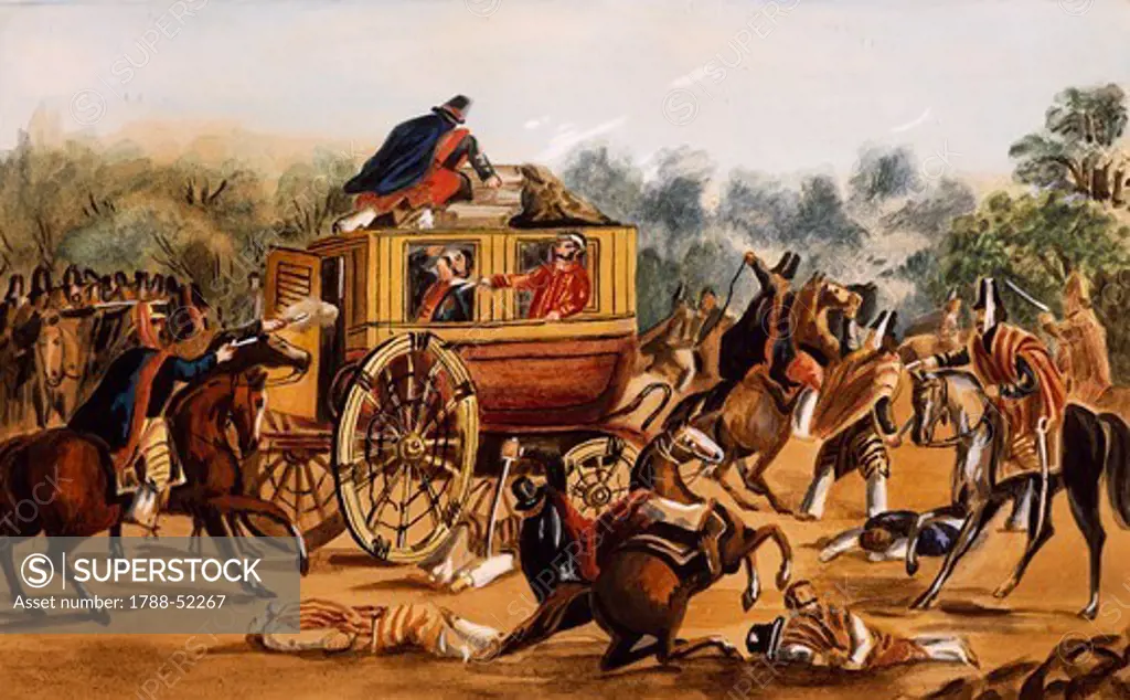 Assassination of General Quiroga, February 1835, watercolour by Carlos Lezica. Argentina, 19th century.