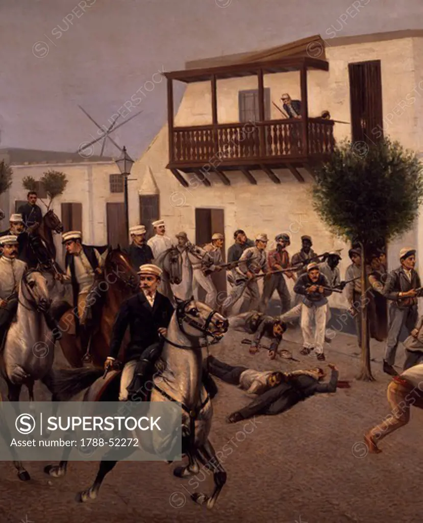Nicolas de Pierola heading the cavalry entering the village of Cocharcas, 1895, detail from a painting by Lipiani, 1895. Peru, 19th century.