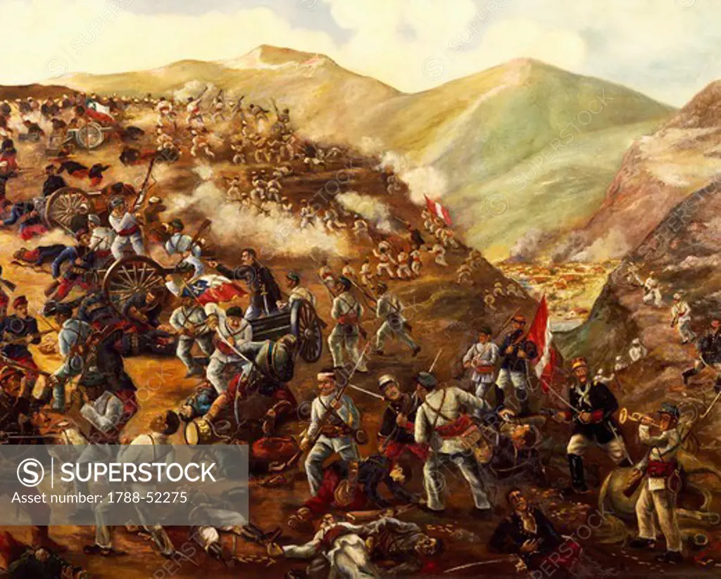 The Battle of Tarapaca, November 27, 1879 between the Peruvians and Chileans. War of the Pacific, Peru, 19th century.