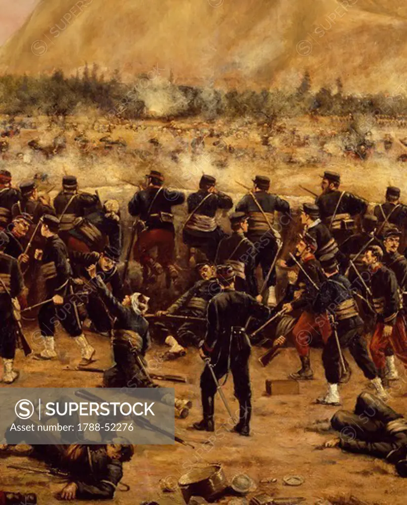 Battle of Miraflores, Peruvian soldiers defending Lima from the advance of the Chilean army, January 15, 1881, by Juan Lepiani, 1894, oil on canvas. Detail. War of the Pacific, Peru, 19th century.