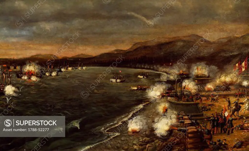 The Battle of Callao ,May 2, 1866, against the Spanish navy. War of the Pacific, Peru, 19th century.