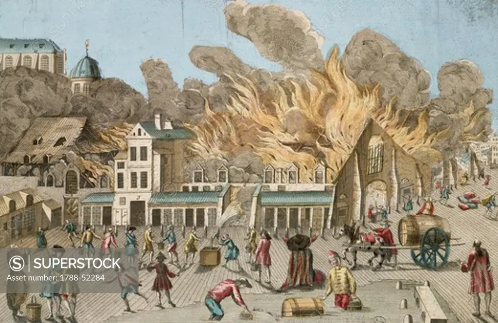 The fire at the Foire Saint-Germain on the night of 16 to 17 March 1762, print. France, 18th century.