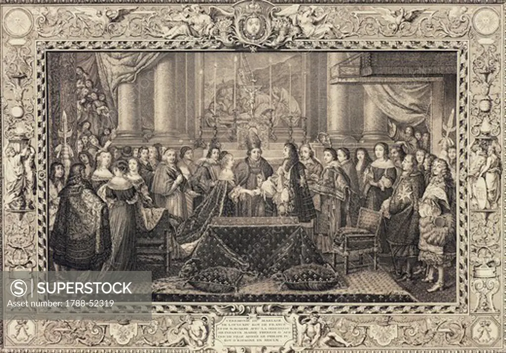 Engraving depicting the wedding of Louis XIV of Bourbon (1638-1715) and Maria Theresa of Habsburg, Infanta of Spain (1638-1683) June 9, 1660. France, 17th century.