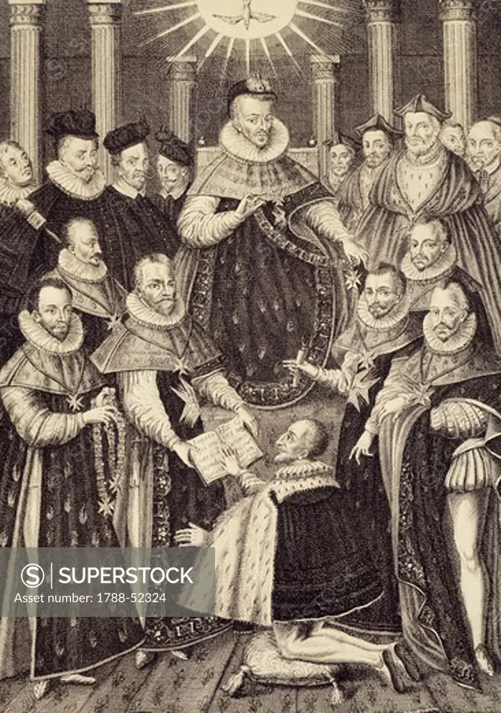 Henry III during the first ceremony of the Order of the Holy Spirit in 1579. France, 16th century.