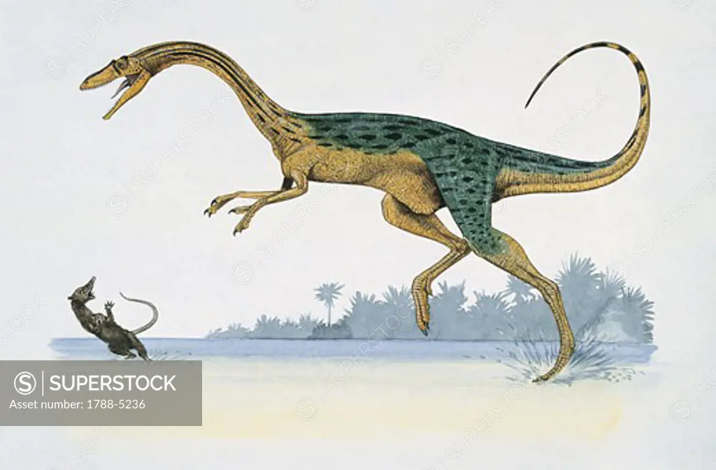 Side profile of an adult dinosaur attacking a young dinosaur