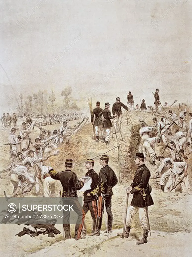Construction of trenches during French army maneuvers, 1886. France, 19th century.