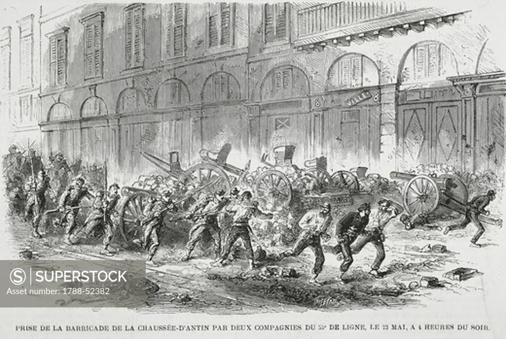 The barricade of Chaussee d'Antin being overrun by two LV line companies, May 23, 1871. City of Paris, France, 19th century.