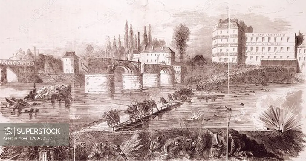 The last federal troops attempting to cross the Asnieres Bridge, April 17, 1871. Franco-Prussian War, France 19th century.
