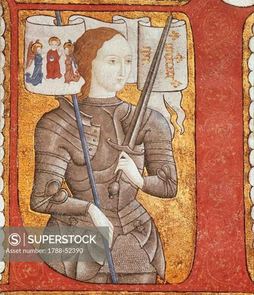 Joan of Arc (1412-1431) in a French miniature, 15th century.